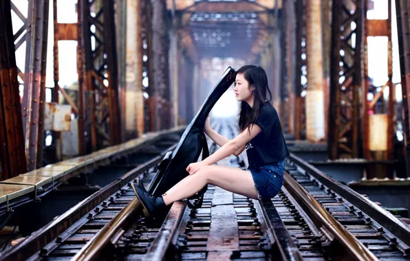 Girl, bridge, music, guitar, railroad, Asian