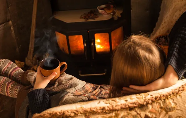 Girl, heat, fireplace, plaid, cozy, socks, hot drink