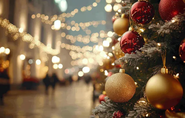 Balls, the city, lights, people, street, Christmas, New year, garland
