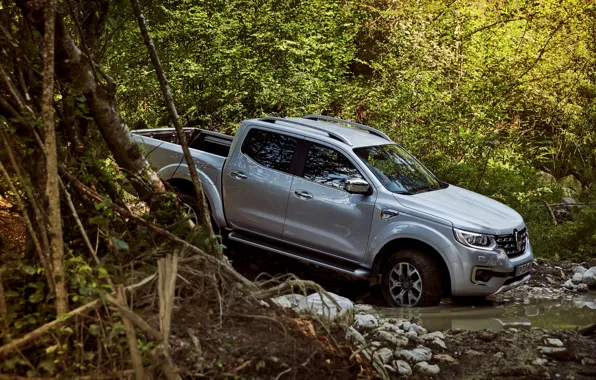 Forest, water, branches, stones, Renault, pickup, 4x4, 2017