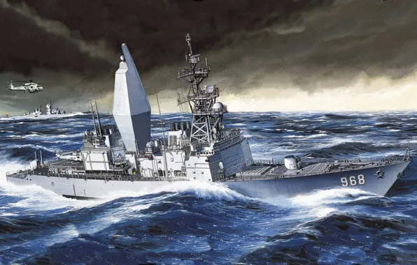 Sea, figure, ships, helicopter, us Navy, USS Arthur W. Radford, Spruance-class destroyer, United States Navy
