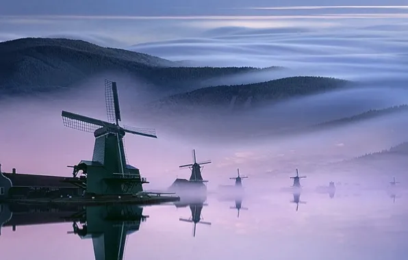 Landscape, mountains, fog, collage, windmill