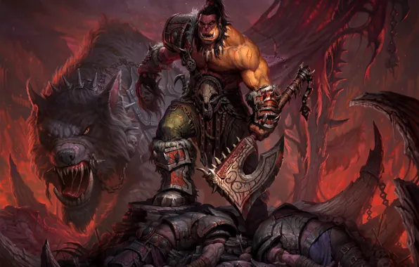 Picture wolf, warrior, World of Warcraft, axe, chain, Warcraft, Orc, wow