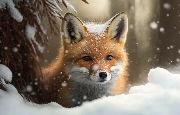 Winter, look, snow, branches, nature, tree, portrait, Fox