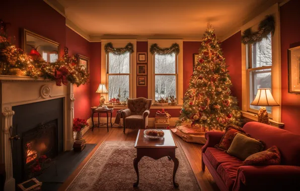 Picture winter, decoration, room, balls, tree, interior, New Year, Christmas