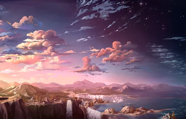 Clouds, landscape, sunset, mountains, rocks, view, art, waterfalls
