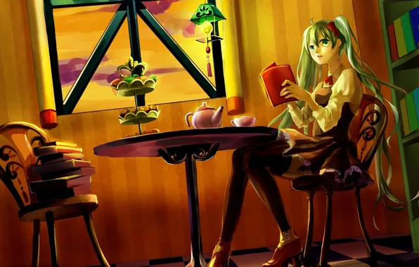 Picture girl, table, tea, window, art, book, vocaloid, hatsune miku