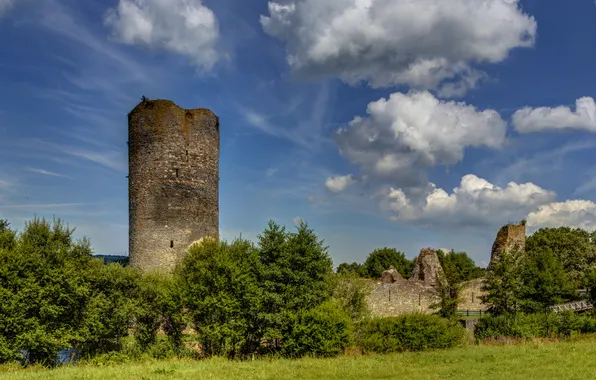 Picture the sky, grass, clouds, trees, wall, tower, Germany, the ruins