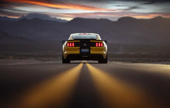 Picture road, the sky, sunset, mountains, Mustang, Ford, the evening, rear view