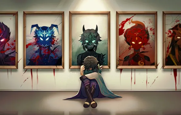 Blood, despair, guy, demons, portraits, Xiao, Genshin Impact