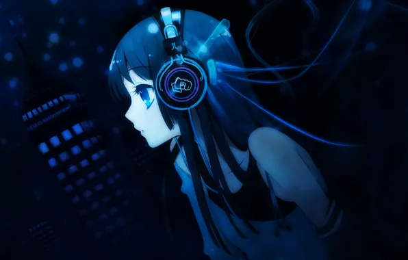 Girl, blue, headphones, mio akiyama, k-on, mio, akiyama