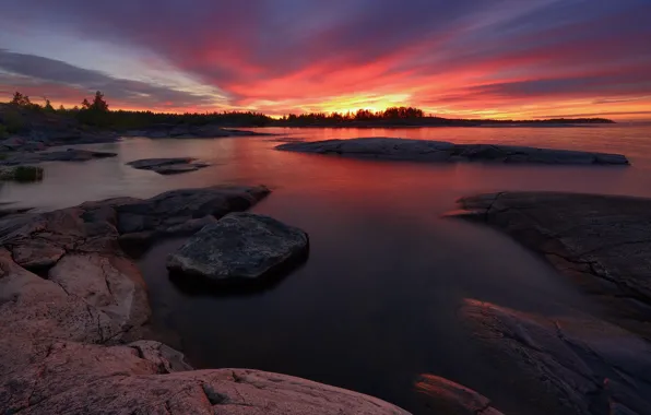 Picture landscape, nature, lake, stones, dawn, morning, dawn, Lake Ladoga