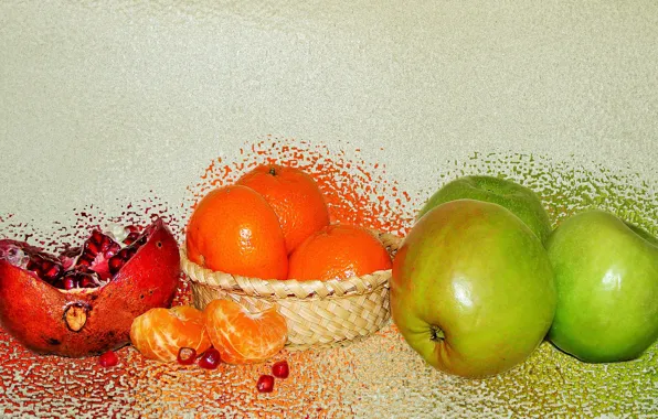 Fruit, still life, garnet, tangerines, author's photo by Elena Anikina, green apples