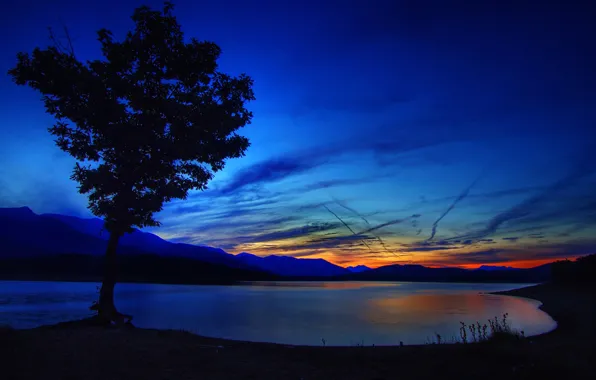 The sky, clouds, sunset, mountains, nature, lake, tree, glow