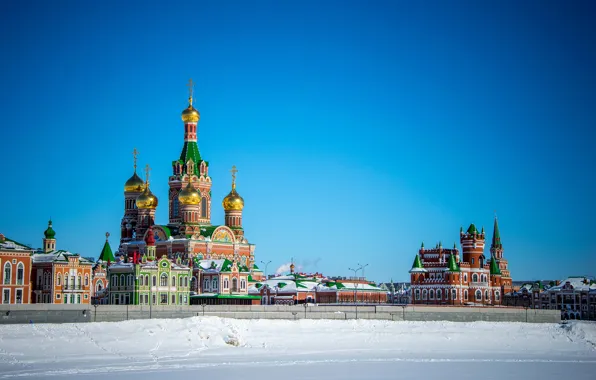 Winter, the sky, the sun, snow, home, Church, temple, Russia