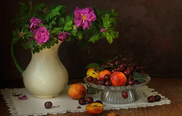 Flowers, cherry, berries, table, roses, bouquet, briar, pink