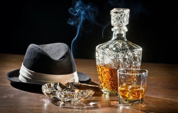 Hat, cigar, whiskey