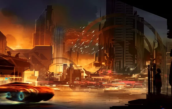 Picture sunset, the city, future, river, fiction, skyscrapers, megapolis