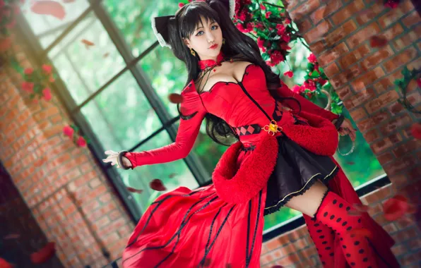 Picture chest, look, girl, flowers, red, face, pose, green, style, background, hair, stockings, hands, petals, brunette, …