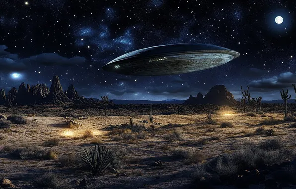 Stars, light, landscape, night, desert, UFO, digital art, digital art