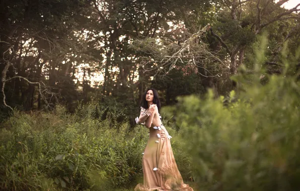 Wallpaper Aleah Michele, girl, dress, forest, butterfly