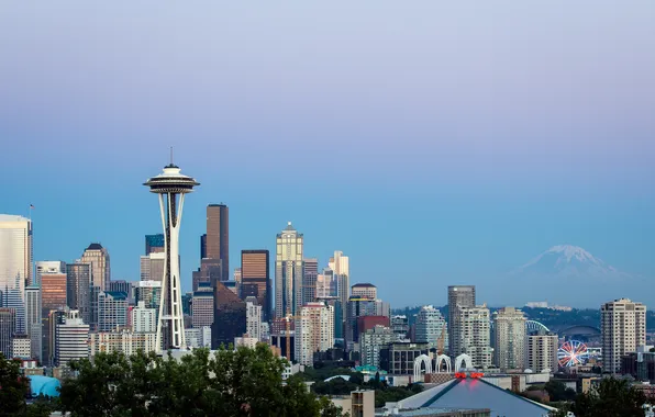 Picture the city, tower, mountain, home, Seattle, Seattle, Mt Rainier from Kerry Park