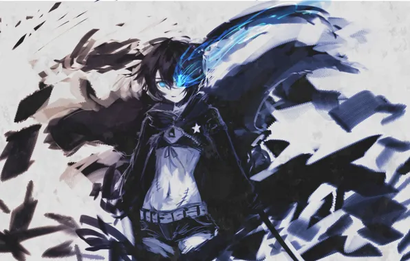 Black hair, black rock shooter, blue flame, insane black rock shooter
