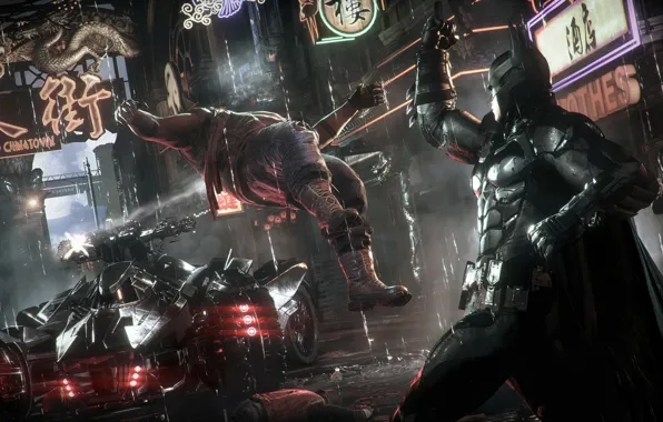 Night, The game, Machine, Rain, Batman, Costume, Fight, Hero