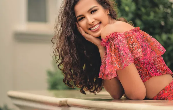 Picture summer, girl, flowers, smile, brunette, blouse, shoulders, curls