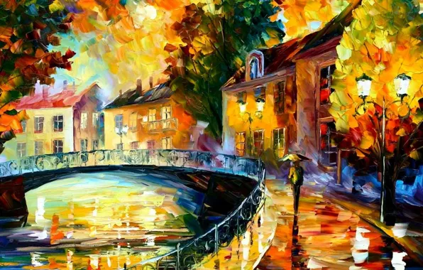 Picture bridge, the city, rain, watercolor