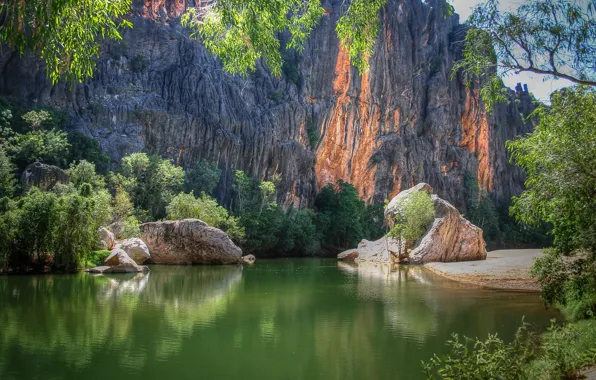 Picture trees, mountains, lake, stones, rocks