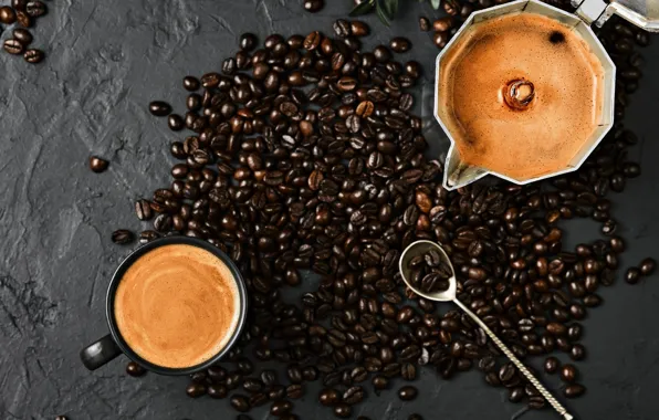 Coffee, spoon, Cup, placer, coffee beans, foam, bokeh, coffee pot