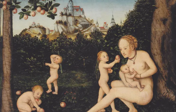 Picture children, castle, woman, apples, Late Renaissance, Mercy, Lucas Cranach The Younger, 1550