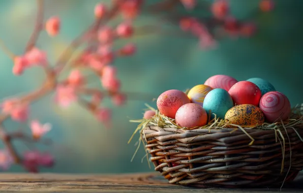 Holiday, eggs, spring, Easter, basket, painted, eggs, AI art