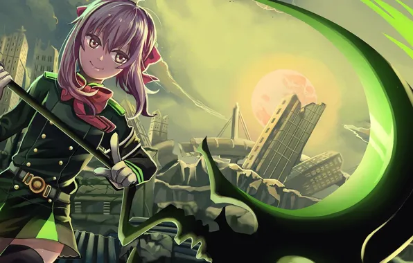 Picture smile, weapons, destruction, gloves, the full moon, art, military uniform, Owari no Seraph