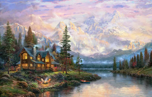 Forest, mountains, fog, house, river, fire, boat, chairs