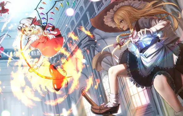Girls, fire, magic, girls, the battle, Touhou, Marisa Kirisame, Flandre Scarlet