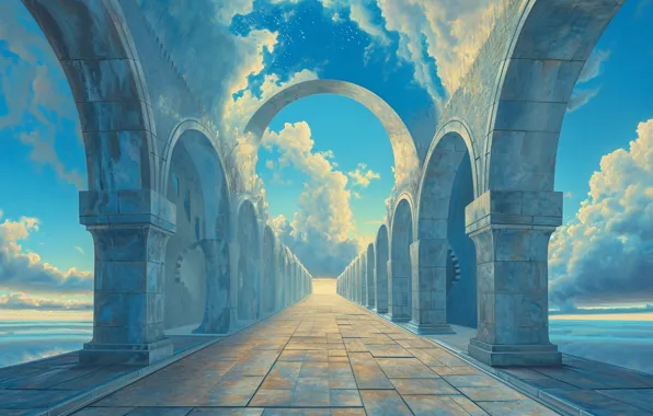 Road, the sky, clouds, blue, columns, arch, the gates, blue background