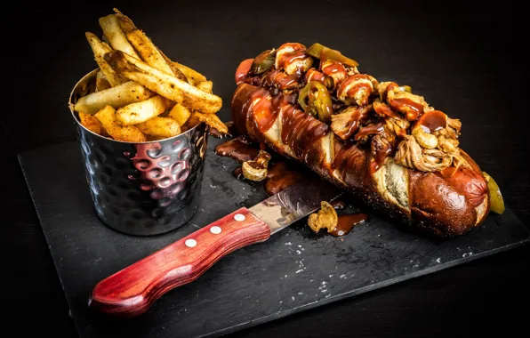 Background, sausage, knife, pepper, sauce, delicious, buns, French fries