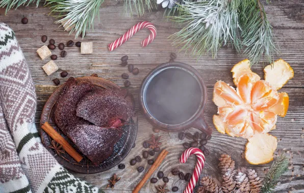 Coffee, pie, sugar, cofano grain, fir-tree branches