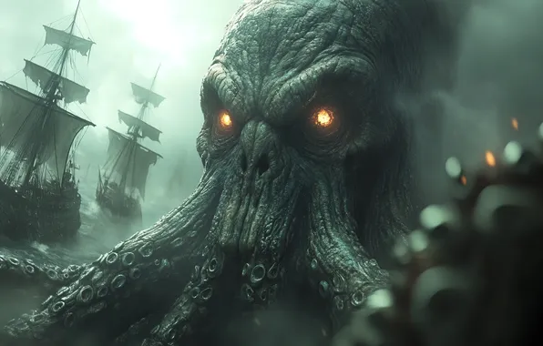 Sea, Eyes, Sailboats, Face, Ships, Digital art, Sea monster, AI art