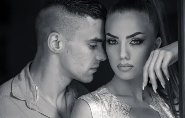 Girl, haircut, Love, makeup, pair, guy, manicure, Black&White Photo
