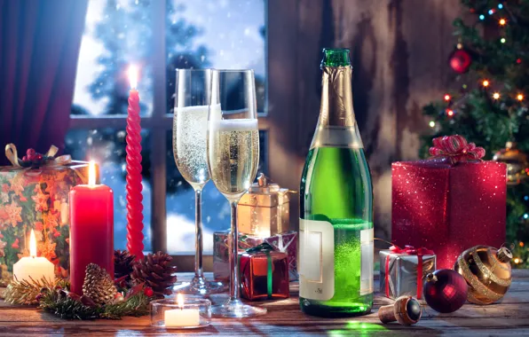 New Year, glasses, Christmas, christmas, champagne, balls, merry christmas, gift
