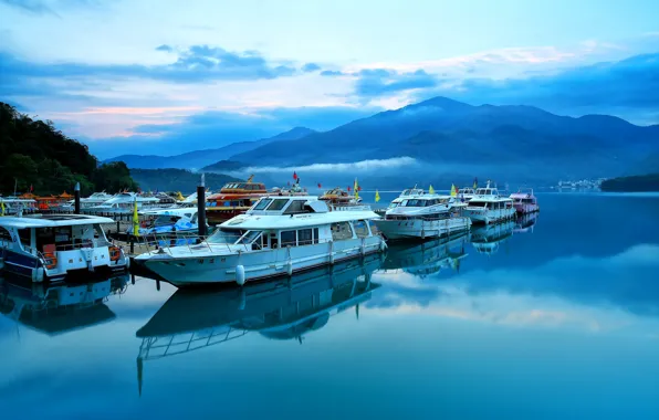 The sky, clouds, mountains, lake, boat, pier, boat