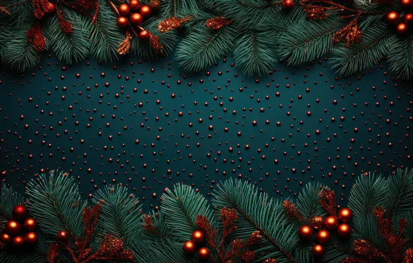 Balls, branches, the dark background, texture, frame, Christmas, red, New year