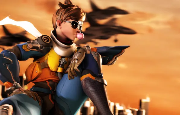 Picture girl, the plane, rendering, glasses, costume, bubble, gum, Overwatch