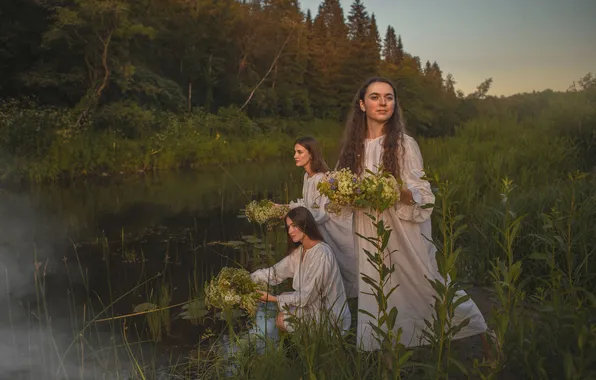 Picture forest, grass, river, girls, Ivan Kupala, Tatyana Shepeleva