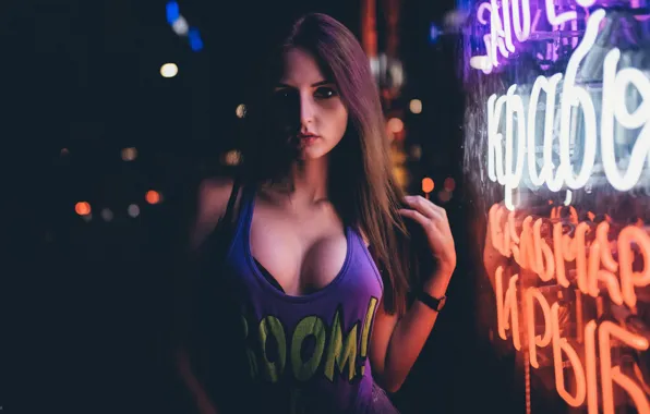 Chest, look, girl, face, portrait, neon, Mike, showcase