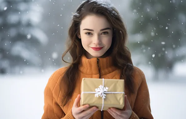 Winter, forest, girl, snow, smile, Park, box, gift