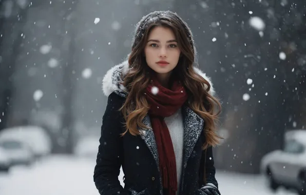Picture girl, winter, snow, coat, brunette, scarf, ai art